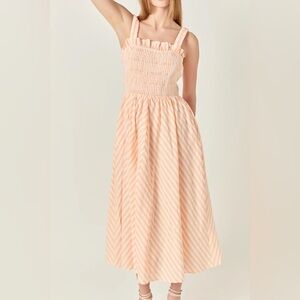 English Factory Peach Striped smocked Midi Dress size medium
